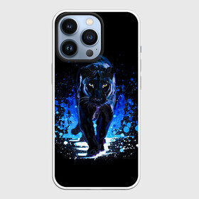 Чехол для iPhone 13 Pro с принтом Черная пантера пятна краски в Екатеринбурге,  |  | black panther | panthera | большая кошка | красивая кошка | пантера | пятна краски | синяя краска | хищный зверь | черная пантера