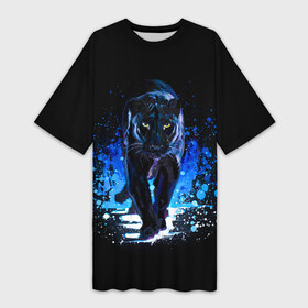 Платье-футболка 3D с принтом Черная пантера пятна краски в Екатеринбурге,  |  | black panther | panthera | большая кошка | красивая кошка | пантера | пятна краски | синяя краска | хищный зверь | черная пантера