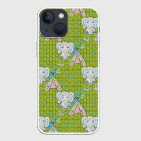 Чехол для iPhone 13 mini с принтом Слоник и вигвам в Екатеринбурге,  |  | Тематика изображения на принте: вигвам | индеец | слон | слоненок | слоник