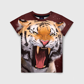 Детская футболка 3D с принтом Тигр красавчик сердится в Екатеринбурге, 100% гипоаллергенный полиэфир | прямой крой, круглый вырез горловины, длина до линии бедер, чуть спущенное плечо, ткань немного тянется | 2022 | aggressive | angry | fangs | new year | open mouth | predator | tiger | year of the tiger | агрессивный | год тигра | клыки | новый год | открытая пасть | сердитый | тигр | хищник