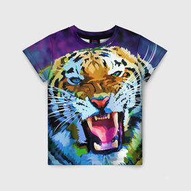 Детская футболка 3D с принтом Рычащий Шархан в Екатеринбурге, 100% гипоаллергенный полиэфир | прямой крой, круглый вырез горловины, длина до линии бедер, чуть спущенное плечо, ткань немного тянется | 2022 | evil face | growling | new year | pop art | predator | tiger | year of the tiger | год тигра | новый год | поп арт | рычащий | тигр | хищник