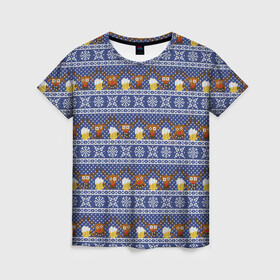 Женская футболка 3D с принтом Олени отдыхают в Екатеринбурге, 100% полиэфир ( синтетическое хлопкоподобное полотно) | прямой крой, круглый вырез горловины, длина до линии бедер | вязанный | новогодний | олень | паттерн | рождественский | с оленями | свитер | узор