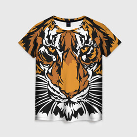 Женская футболка 3D с принтом Взгляд хозяина джунглей в Екатеринбурге, 100% полиэфир ( синтетическое хлопкоподобное полотно) | прямой крой, круглый вырез горловины, длина до линии бедер | 2022 | african | direct look | master of the jungle | muzzle | new year | predator | tiger | year of the tiger | африканский | год тигра | новый год | прямой взгляд | тигр | хищник | хозяин джунглей