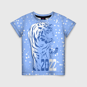 Детская футболка 3D с принтом Голубой водяной тигр в Екатеринбурге, 100% гипоаллергенный полиэфир | прямой крой, круглый вырез горловины, длина до линии бедер, чуть спущенное плечо, ткань немного тянется | 2022 | beast | blue water tiger | is coming | new year | predator | strength and tranquility | year of the tiger | год тигра | зверь | зима | идет | новый год | сила и спокойствие | снег | хищник