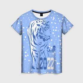 Женская футболка 3D с принтом Голубой водяной тигр в Екатеринбурге, 100% полиэфир ( синтетическое хлопкоподобное полотно) | прямой крой, круглый вырез горловины, длина до линии бедер | 2022 | beast | blue water tiger | is coming | new year | predator | strength and tranquility | year of the tiger | год тигра | зверь | зима | идет | новый год | сила и спокойствие | снег | хищник