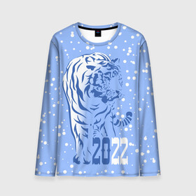 Мужской лонгслив 3D с принтом Голубой водяной тигр в Екатеринбурге, 100% полиэстер | длинные рукава, круглый вырез горловины, полуприлегающий силуэт | 2022 | beast | blue water tiger | is coming | new year | predator | strength and tranquility | year of the tiger | год тигра | зверь | зима | идет | новый год | сила и спокойствие | снег | хищник