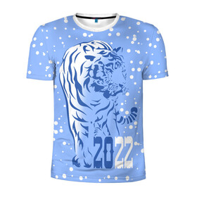 Мужская футболка 3D спортивная с принтом Голубой водяной тигр в Екатеринбурге, 100% полиэстер с улучшенными характеристиками | приталенный силуэт, круглая горловина, широкие плечи, сужается к линии бедра | 2022 | beast | blue water tiger | is coming | new year | predator | strength and tranquility | year of the tiger | год тигра | зверь | зима | идет | новый год | сила и спокойствие | снег | хищник