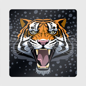 Магнит виниловый Квадрат с принтом Амурский тигр в ночи в Екатеринбурге, полимерный материал с магнитным слоем | размер 9*9 см, закругленные углы | Тематика изображения на принте: 2022 | aggression | amur tiger | beast | grin | new year | night | open mouth | predator | snowfall | winter | year of the tiger | агрессия | амурский тигр | год тигра | зверь | зима | новый год | ночь | оскал | открытая пасть | снегопад | хищник