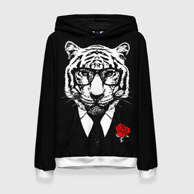 Женская толстовка 3D с принтом Тигр с красной розой в Екатеринбурге, 100% полиэстер  | двухслойный капюшон со шнурком для регулировки, мягкие манжеты на рукавах и по низу толстовки, спереди карман-кенгуру с мягким внутренним слоем. | 2022 | authority | black suit | godfather | holiday | mafia | new year | red rose | year of the tiger | авторитет | год тигра | красная роза | крестный отец | мафия | новый год | праздник | тигр в очках | черный костюм