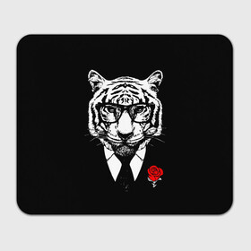 Прямоугольный коврик для мышки с принтом Тигр с красной розой в Екатеринбурге, натуральный каучук | размер 230 х 185 мм; запечатка лицевой стороны | 2022 | authority | black suit | godfather | holiday | mafia | new year | red rose | year of the tiger | авторитет | год тигра | красная роза | крестный отец | мафия | новый год | праздник | тигр в очках | черный костюм