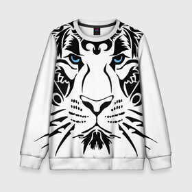 Детский свитшот 3D с принтом Водяной голубоглазый тигр в Екатеринбурге, 100% полиэстер | свободная посадка, прямой крой, мягкая тканевая резинка на рукавах и понизу свитшота | Тематика изображения на принте: 2022 | blue eyes | new year | ornament | pattern | predator | strength and tranquility | water tiger | year of the tiger | водяной тигр | год тигра | голубые глаза | новый год | орнамент | сила и спокойствие | узор | хищник