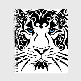 Тетрадь с принтом Водяной голубоглазый тигр в Екатеринбурге, 100% бумага | 48 листов, плотность листов — 60 г/м2, плотность картонной обложки — 250 г/м2. Листы скреплены сбоку удобной пружинной спиралью. Уголки страниц и обложки скругленные. Цвет линий — светло-серый
 | 2022 | blue eyes | new year | ornament | pattern | predator | strength and tranquility | water tiger | year of the tiger | водяной тигр | год тигра | голубые глаза | новый год | орнамент | сила и спокойствие | узор | хищник