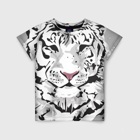 Детская футболка 3D с принтом Белый снежный тигр в Екатеринбурге, 100% гипоаллергенный полиэфир | прямой крой, круглый вырез горловины, длина до линии бедер, чуть спущенное плечо, ткань немного тянется | 2022 | art | beast | new year | predator | splashes and drops | white tiger | year of the tiger | белый тигр | брызги и капли | год тигра | зверь | искусство | новый год | хищник