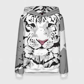 Женская толстовка 3D с принтом Белый снежный тигр в Екатеринбурге, 100% полиэстер  | двухслойный капюшон со шнурком для регулировки, мягкие манжеты на рукавах и по низу толстовки, спереди карман-кенгуру с мягким внутренним слоем. | 2022 | art | beast | new year | predator | splashes and drops | white tiger | year of the tiger | белый тигр | брызги и капли | год тигра | зверь | искусство | новый год | хищник