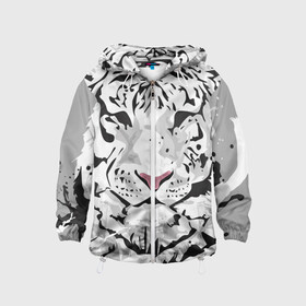 Детская ветровка 3D с принтом Белый снежный тигр в Екатеринбурге, 100% полиэстер | подол и капюшон оформлены резинкой с фиксаторами, по бокам два кармана без застежек, один потайной карман на груди | 2022 | art | beast | new year | predator | splashes and drops | white tiger | year of the tiger | белый тигр | брызги и капли | год тигра | зверь | искусство | новый год | хищник