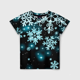 Детская футболка 3D с принтом Космические снежинки в Екатеринбурге, 100% гипоаллергенный полиэфир | прямой крой, круглый вырез горловины, длина до линии бедер, чуть спущенное плечо, ткань немного тянется | christmas | happy new year | merry christmas | neon | new year | snow | snowflakes | winter | декабрь | звезды | зима | зимний орнамент | зимний узор | зимняя ночь | неоновый | новогодний принт | новогодняя ночь | новый год | ночь | подарок