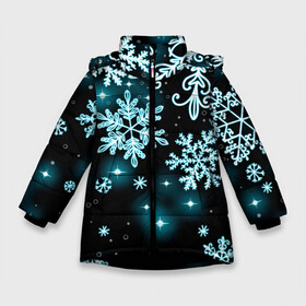 Зимняя куртка для девочек 3D с принтом Космические снежинки в Екатеринбурге, ткань верха — 100% полиэстер; подклад — 100% полиэстер, утеплитель — 100% полиэстер. | длина ниже бедра, удлиненная спинка, воротник стойка и отстегивающийся капюшон. Есть боковые карманы с листочкой на кнопках, утяжки по низу изделия и внутренний карман на молнии. 

Предусмотрены светоотражающий принт на спинке, радужный светоотражающий элемент на пуллере молнии и на резинке для утяжки. | christmas | happy new year | merry christmas | neon | new year | snow | snowflakes | winter | декабрь | звезды | зима | зимний орнамент | зимний узор | зимняя ночь | неоновый | новогодний принт | новогодняя ночь | новый год | ночь | подарок