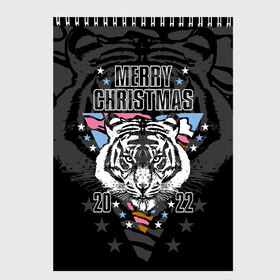 Скетчбук с принтом Merry Christmas 2022 в Екатеринбурге, 100% бумага
 | 48 листов, плотность листов — 100 г/м2, плотность картонной обложки — 250 г/м2. Листы скреплены сверху удобной пружинной спиралью | 2022 | beast | merry christmas | new year | predator | stars | stern look | white tiger | year of the tiger | белый тигр | год тигра | звезды | зверь | новый год | суровый взгляд | хищник