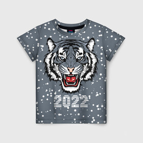 Детская футболка 3D с принтом Водяной тигр 2022 в Екатеринбурге, 100% гипоаллергенный полиэфир | прямой крой, круглый вырез горловины, длина до линии бедер, чуть спущенное плечо, ткань немного тянется | 2022 | beast | fangs | merry christmas | new year | predator | snow | stars | stern grin | water tiger | winter | year of the tiger | водяной тигр | год тигра | звезды | зверь | зима | клыки | новый год | снег | суровый оскал | хищник
