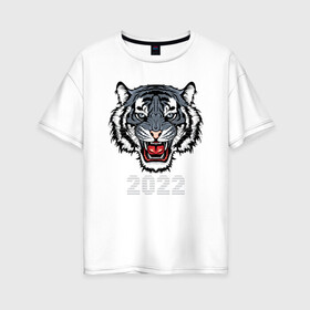 Женская футболка хлопок Oversize с принтом Голубой водяной тигр 2022 в Екатеринбурге, 100% хлопок | свободный крой, круглый ворот, спущенный рукав, длина до линии бедер
 | 2022 | beast | fangs | merry christmas | new year | predator | stars | stern grin | water tiger | year of the tiger | водяной тигр | год тигра | звезды | зверь | клыки | новый год | суровый оскал | хищник