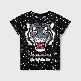 Детская футболка 3D с принтом Черный водяной тигр 2022 в Екатеринбурге, 100% гипоаллергенный полиэфир | прямой крой, круглый вырез горловины, длина до линии бедер, чуть спущенное плечо, ткань немного тянется | 2022 | beast | black water tiger | fangs | merry christmas | new year | predator | snow | stern grin | winter | year of the tiger | год тигра | зверь | зима | клыки | новый год | снег | суровый оскал | хищник | черный водяной тигр