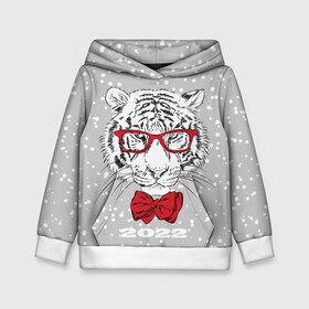 Детская толстовка 3D с принтом Белый тигр с красным бантом в Екатеринбурге, 100% полиэстер | двухслойный капюшон со шнурком для регулировки, мягкие манжеты на рукавах и по низу толстовки, спереди карман-кенгуру с мягким внутренним слоем | 2022 | animal | fangs | merry christmas | new year | predator | red bow | severe grin | snow | white water tiger | winter | year of the tiger | белый водяной тигр | год тигра | зверь | зима | клыки | красный бант | новый год | очки | снег | суро