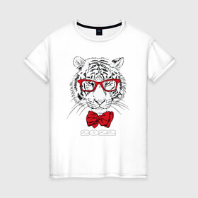 Женская футболка хлопок с принтом Белый тигр в красных очках в Екатеринбурге, 100% хлопок | прямой крой, круглый вырез горловины, длина до линии бедер, слегка спущенное плечо | 2022 | beast | bow tie | fangs | merry christmas | new year | predator | stern grin | white water tiger | year of the tiger | белый водяной тигр | галстук бабочка | год тигра | зверь | клыки | красные очки | новый год | суровый оскал | хищни