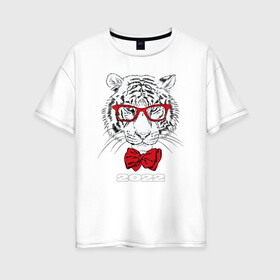 Женская футболка хлопок Oversize с принтом Белый тигр в красных очках в Екатеринбурге, 100% хлопок | свободный крой, круглый ворот, спущенный рукав, длина до линии бедер
 | 2022 | beast | bow tie | fangs | merry christmas | new year | predator | stern grin | white water tiger | year of the tiger | белый водяной тигр | галстук бабочка | год тигра | зверь | клыки | красные очки | новый год | суровый оскал | хищни
