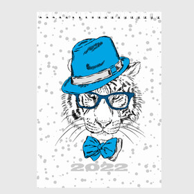 Скетчбук с принтом Белый тигр в синей шляпе в Екатеринбурге, 100% бумага
 | 48 листов, плотность листов — 100 г/м2, плотность картонной обложки — 250 г/м2. Листы скреплены сверху удобной пружинной спиралью | Тематика изображения на принте: 2022 | beast | blue hat | bow | merry christmas | new year | predator | snow | white water tiger | winter | year of the tiger | бант | белый водяной тигр | год тигра | зверь | зима | новый год | очки | синяя шляпа | снег | хищник