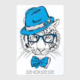 Магнитный плакат 2Х3 с принтом Водяной тигр в синей шляпе в Екатеринбурге, Полимерный материал с магнитным слоем | 6 деталей размером 9*9 см | Тематика изображения на принте: 2022 | beast | blue hat | bow | merry christmas | new year | predator | snow | white water tiger | winter | year of the tiger | бант | белый водяной тигр | год тигра | зверь | зима | новый год | очки | синяя шляпа | снег | хищник