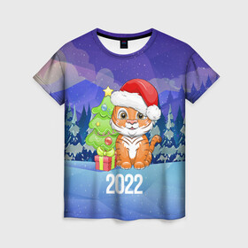 Женская футболка 3D с принтом Новый Год тигра 2022 в Екатеринбурге, 100% полиэфир ( синтетическое хлопкоподобное полотно) | прямой крой, круглый вырез горловины, длина до линии бедер | 2022 | год тигра | новый год | новый год 2022 | символ года | тигр | тигренок | тигрица | тигры