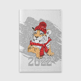 Обложка для паспорта матовая кожа с принтом Тигр в красной шапке в Екатеринбурге, натуральная матовая кожа | размер 19,3 х 13,7 см; прозрачные пластиковые крепления | Тематика изображения на принте: 2022 | beast | merry christmas | new year | predator | proud tiger | red hat | scarf | snow | winter | year of the tiger | год тигра | гордый тигр | зверь | зима | красная шапка | новый год | снег | хищник | шарф