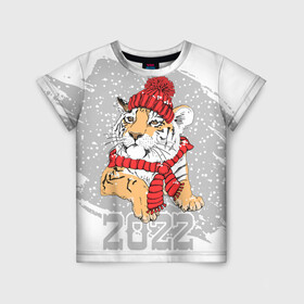 Детская футболка 3D с принтом Тигр в красной шапке в Екатеринбурге, 100% гипоаллергенный полиэфир | прямой крой, круглый вырез горловины, длина до линии бедер, чуть спущенное плечо, ткань немного тянется | 2022 | beast | merry christmas | new year | predator | proud tiger | red hat | scarf | snow | winter | year of the tiger | год тигра | гордый тигр | зверь | зима | красная шапка | новый год | снег | хищник | шарф
