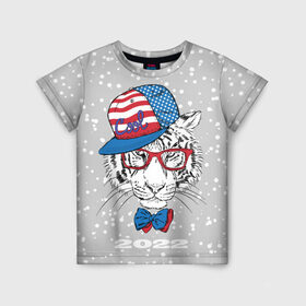 Детская футболка 3D с принтом Крутой белый тигр в Екатеринбурге, 100% гипоаллергенный полиэфир | прямой крой, круглый вырез горловины, длина до линии бедер, чуть спущенное плечо, ткань немного тянется | 2022 | beast | bow | cap | cool | merry christmas | new year | predator | snow | tiger | usa flag | winter | year of the tiger | бант | год тигра | зверь | зима | кепка | крутой | новый год | очки | снег | тигр | флаг сша | хищник