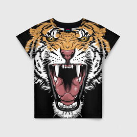 Детская футболка 3D с принтом Оскал амурского тигра в Екатеринбурге, 100% гипоаллергенный полиэфир | прямой крой, круглый вырез горловины, длина до линии бедер, чуть спущенное плечо, ткань немного тянется | 2022 | amur tiger | beast | merry christmas | new year | open mouth | predator | stern grin | year of the tiger | амурский тигр | год тигра | зверь | новый год | открытая пасть | суровый оскал | хищник