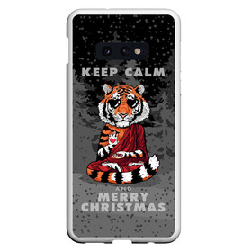 Чехол для Samsung S10E с принтом Keep calm and Merry Christmas в Екатеринбурге, Силикон | Область печати: задняя сторона чехла, без боковых панелей | Тематика изображения на принте: 2022 | beast | buddhist | heart | keep calm and merry christmas | meditation | new year | spruce forest | tiger | year of the tiger | буддист | год тигра | ельник | зверь | медитация | новый год | сердце | тигр | черные очки