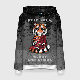 Женская толстовка 3D с принтом Keep calm and Merry Christmas в Екатеринбурге, 100% полиэстер  | двухслойный капюшон со шнурком для регулировки, мягкие манжеты на рукавах и по низу толстовки, спереди карман-кенгуру с мягким внутренним слоем. | 2022 | beast | buddhist | heart | keep calm and merry christmas | meditation | new year | spruce forest | tiger | year of the tiger | буддист | год тигра | ельник | зверь | медитация | новый год | сердце | тигр | черные очки