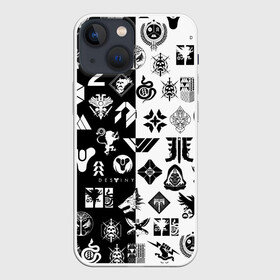 Чехол для iPhone 13 mini с принтом DESTINY LOGOBOMBING ЧЁРНО БЕЛОЕ в Екатеринбурге,  |  | bungie | cayde 6 | cyd6 | destiny | destiny 2 | forsaken | gambit | hunter | titan | warlock | банги | варлок | габмит | дестини | дестини 2 | зур | кейд | кейд 6 | отвергнутые | охотник | титан | туз