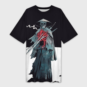 Платье-футболка 3D с принтом Скелет Самурай с трубкой на черно белом фоне в Екатеринбурге,  |  | catana | ninja | samurai | skillet | sword | катана | киберпанк | маска самурая | меч | пират | путь война | самурай | сёгун | семь самураев | скелет | скилет | токио | чёрный самурай | японский самурай