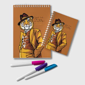 Блокнот с принтом Good luck in the coming year of the Tiger в Екатеринбурге, 100% бумага | 48 листов, плотность листов — 60 г/м2, плотность картонной обложки — 250 г/м2. Листы скреплены удобной пружинной спиралью. Цвет линий — светло-серый
 | Тематика изображения на принте: 2022 | gentleman | happy new year | hat | imposing | look | merry christmas | orange suit | predator | tiger | взгляд | год тигра | джентльмен | новый год | оранжевый костюм | рождество | тигр | хищник | шляпа