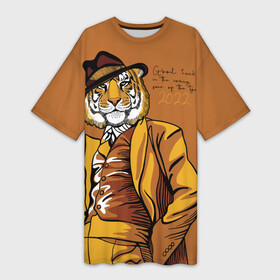 Платье-футболка 3D с принтом Good luck in the coming year of the Tiger в Екатеринбурге,  |  | 2022 | gentleman | happy new year | hat | imposing | look | merry christmas | orange suit | predator | tiger | взгляд | год тигра | джентльмен | новый год | оранжевый костюм | рождество | тигр | хищник | шляпа
