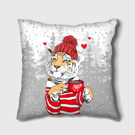 Подушка 3D с принтом Тигр с чашкой кофе в Екатеринбурге, наволочка – 100% полиэстер, наполнитель – холлофайбер (легкий наполнитель, не вызывает аллергию). | состоит из подушки и наволочки. Наволочка на молнии, легко снимается для стирки | 2022 | a cup of coffee | fir forest | happy new year | hearts | merry christmas | red hat | striped fur coat | tiger | year of the tiger | год тигра | еловый лес | красная шапка | новый год | полосатая шуба | рождество | сердца | тигр | чашка кофе