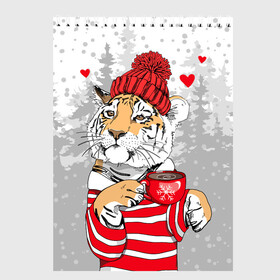 Скетчбук с принтом Тигр с чашкой кофе в Екатеринбурге, 100% бумага
 | 48 листов, плотность листов — 100 г/м2, плотность картонной обложки — 250 г/м2. Листы скреплены сверху удобной пружинной спиралью | 2022 | a cup of coffee | fir forest | happy new year | hearts | merry christmas | red hat | striped fur coat | tiger | year of the tiger | год тигра | еловый лес | красная шапка | новый год | полосатая шуба | рождество | сердца | тигр | чашка кофе