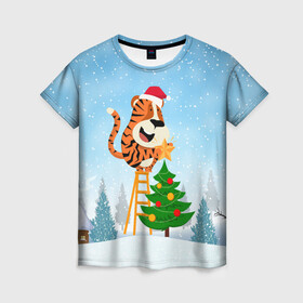 Женская футболка 3D с принтом Тигр украшает новогоднюю елку в Екатеринбурге, 100% полиэфир ( синтетическое хлопкоподобное полотно) | прямой крой, круглый вырез горловины, длина до линии бедер | 2022 | год тигра | новый год | новый год 2022 | символ года | тигр | тигренок | тигрица | тигры