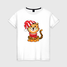 Женская футболка хлопок с принтом Тигренок в шапке и в шарфе в Екатеринбурге, 100% хлопок | прямой крой, круглый вырез горловины, длина до линии бедер, слегка спущенное плечо | 2022 | год тигра | новый год | новый год 2022 | символ года | тигр | тигренок | тигрица | тигры