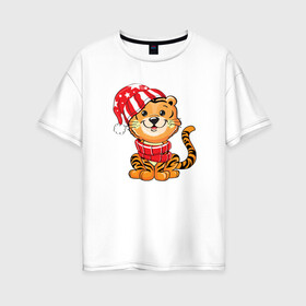 Женская футболка хлопок Oversize с принтом Тигренок в шапке и в шарфе в Екатеринбурге, 100% хлопок | свободный крой, круглый ворот, спущенный рукав, длина до линии бедер
 | 2022 | год тигра | новый год | новый год 2022 | символ года | тигр | тигренок | тигрица | тигры