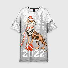 Детское платье 3D с принтом Тигр с подарками в Екатеринбурге, 100% полиэстер | прямой силуэт, чуть расширенный к низу. Круглая горловина, на рукавах — воланы | Тематика изображения на принте: 2022 | fir forest | gifts | happy new year | merry christmas | red hat | santa claus | tiger | year of the tiger | год тигра | еловый лес | красная шапка | новый год | подарки | рождество | санта клаус | тигр