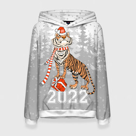 Женская толстовка 3D с принтом Тигр с подарками в Екатеринбурге, 100% полиэстер  | двухслойный капюшон со шнурком для регулировки, мягкие манжеты на рукавах и по низу толстовки, спереди карман-кенгуру с мягким внутренним слоем. | 2022 | fir forest | gifts | happy new year | merry christmas | red hat | santa claus | tiger | year of the tiger | год тигра | еловый лес | красная шапка | новый год | подарки | рождество | санта клаус | тигр