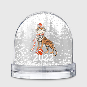 Игрушка Снежный шар с принтом Тигр с подарками в Екатеринбурге, Пластик | Изображение внутри шара печатается на глянцевой фотобумаге с двух сторон | 2022 | fir forest | gifts | happy new year | merry christmas | red hat | santa claus | tiger | year of the tiger | год тигра | еловый лес | красная шапка | новый год | подарки | рождество | санта клаус | тигр