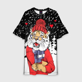 Детское платье 3D с принтом Тигр в красном в Екатеринбурге, 100% полиэстер | прямой силуэт, чуть расширенный к низу. Круглая горловина, на рукавах — воланы | Тематика изображения на принте: 2022 | fir forest | happy new year | hearts | merry christmas | red hat | santa claus | scarf | snow | tiger | year of the tiger | год тигра | еловый лес | красная шапка | новый год | очки | рождество | санта клаус | сердца | снег | тигр | шарф